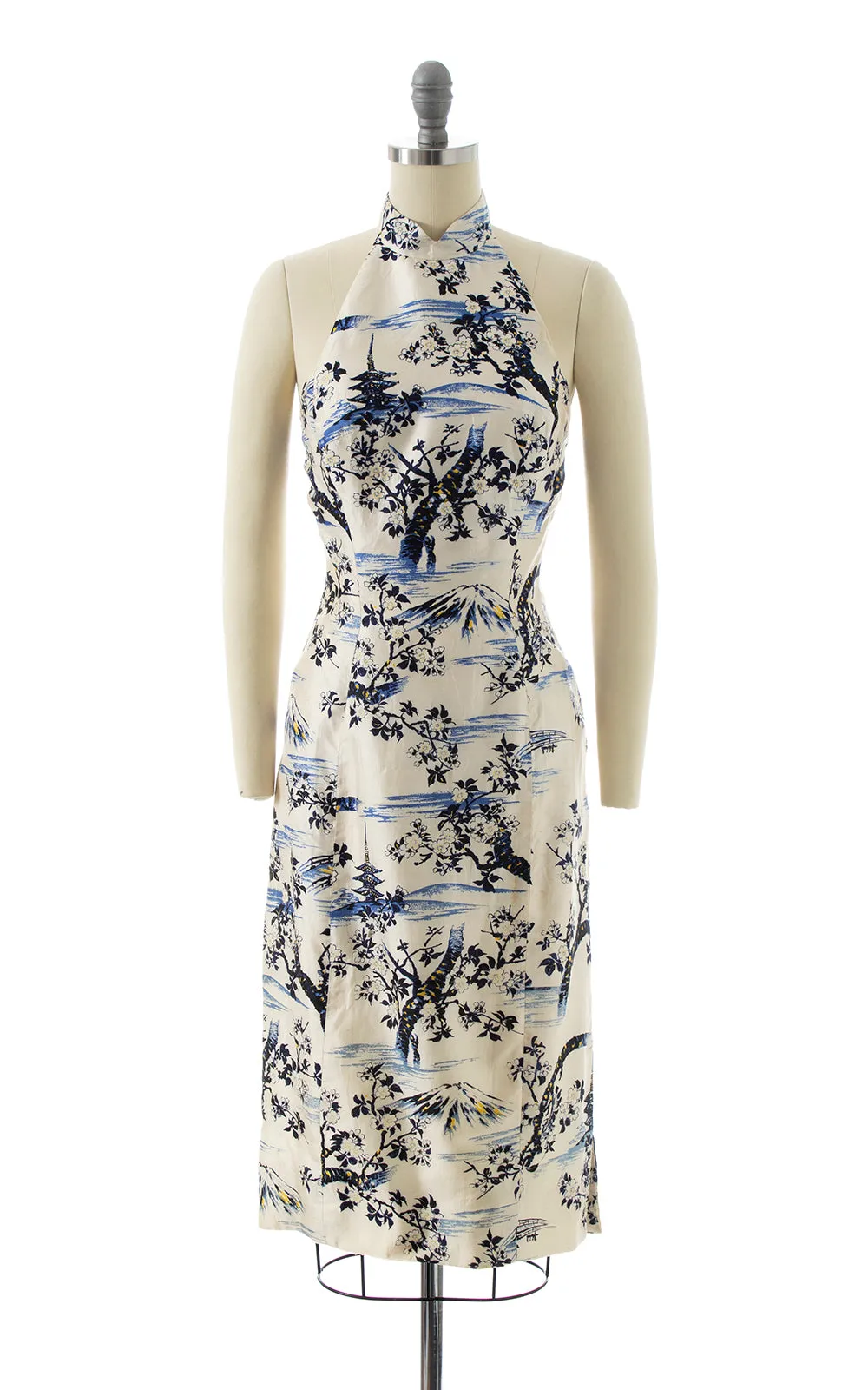 1950s Mt. Fuji Novelty Print Silk Halter Dress | x-small/small