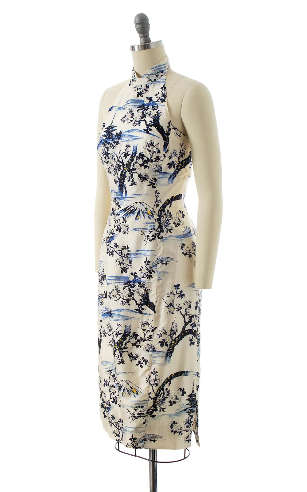 1950s Mt. Fuji Novelty Print Silk Halter Dress | x-small/small