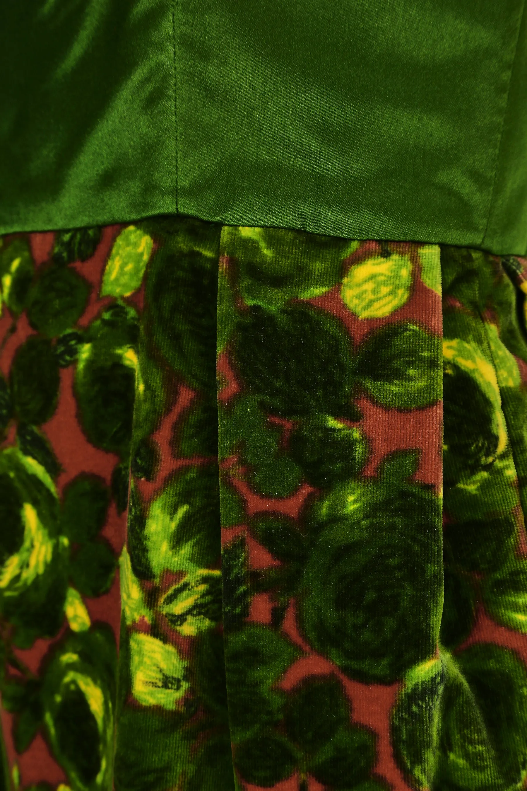 1960s Velvet and Green Satin Rose Print Dress
