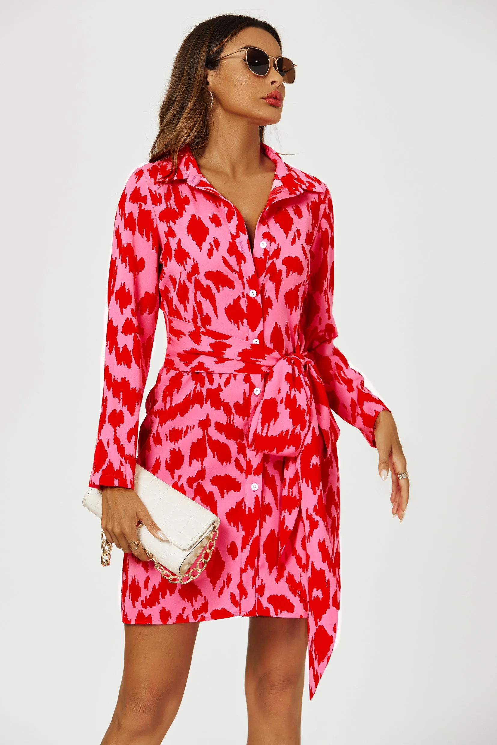 Abstract Print Shirt Mini Wrap Dress In Pink