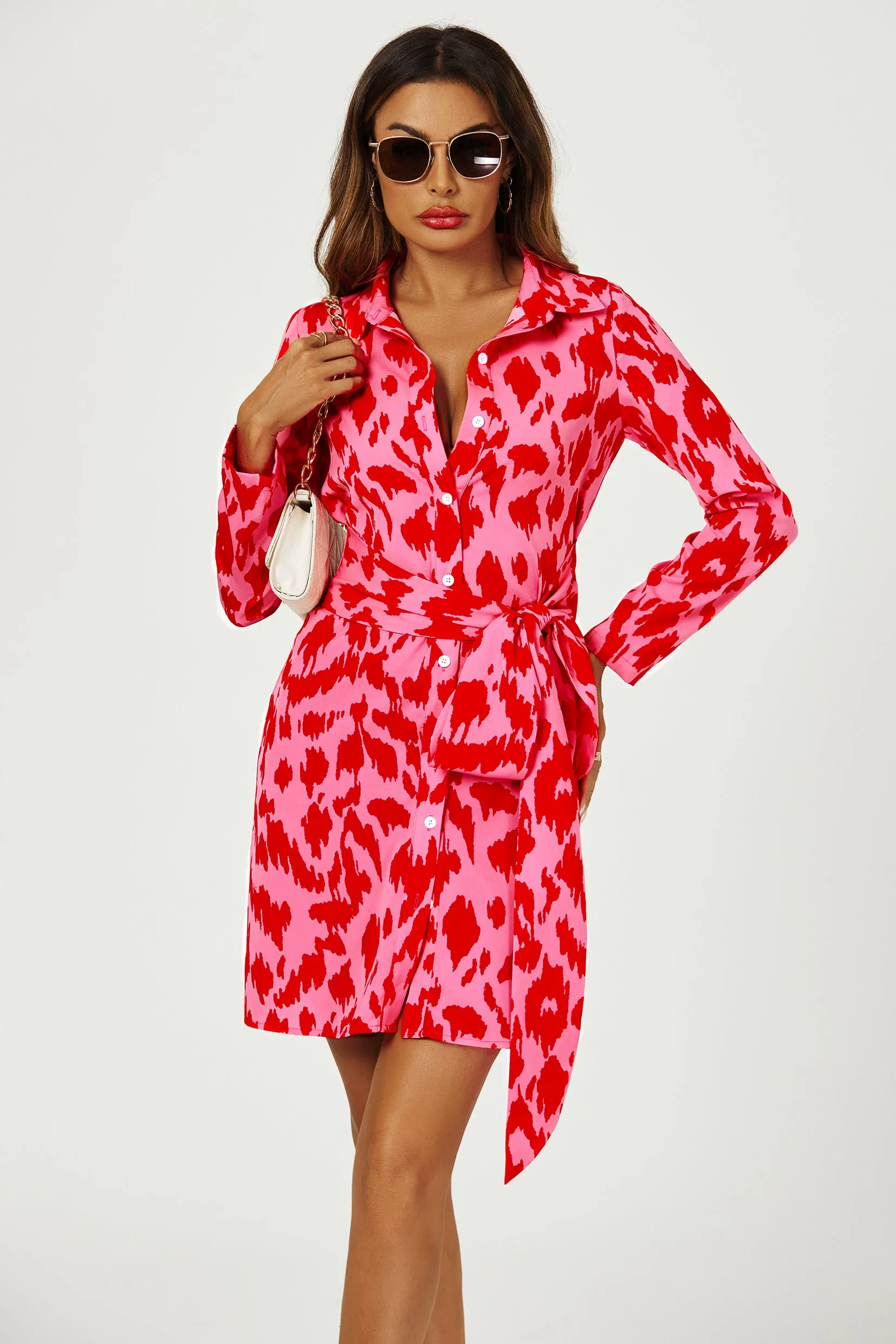 Abstract Print Shirt Mini Wrap Dress In Pink
