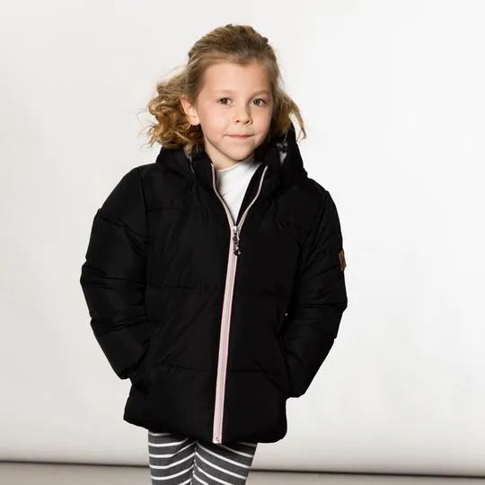 Black Puffy Winter Jacket With Faux Fur Leopard Print Hood