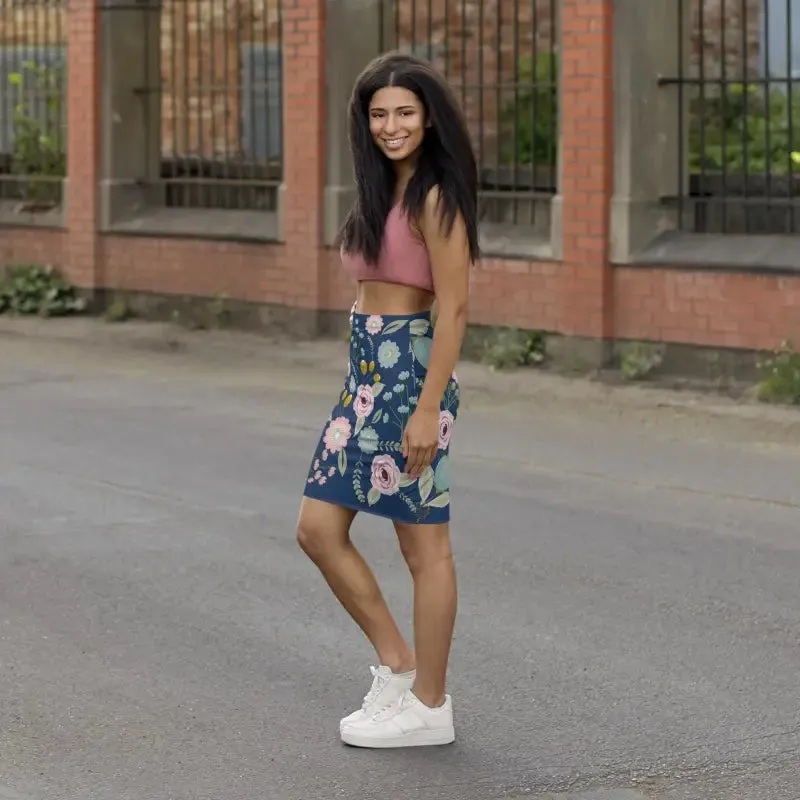 Bloom in Spring Florals Navy Blue Mini Skirt
