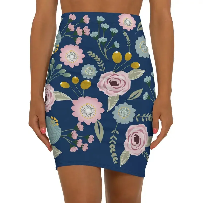 Bloom in Spring Florals Navy Blue Mini Skirt