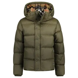 Burberry 'Halsby' Hooded Check Down Jacket Khaki