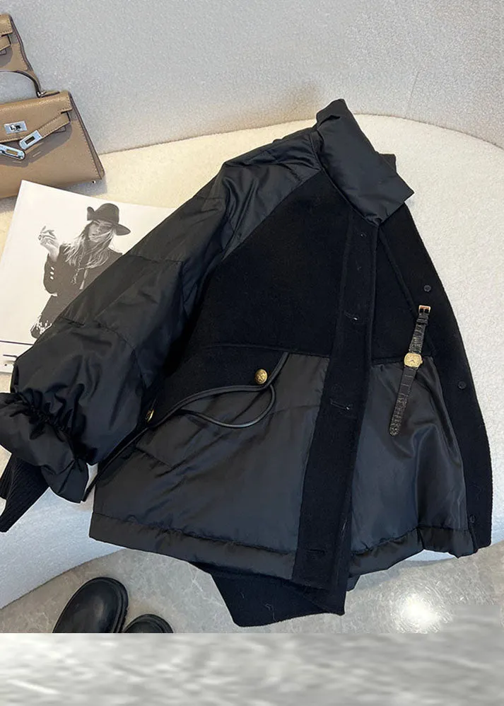 Chic Black Stand Collar Drawstring Zippered Fine Cotton Filled Puffer Jacket Winter ML2161