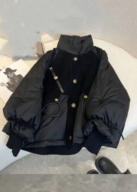 Chic Black Stand Collar Drawstring Zippered Fine Cotton Filled Puffer Jacket Winter ML2161