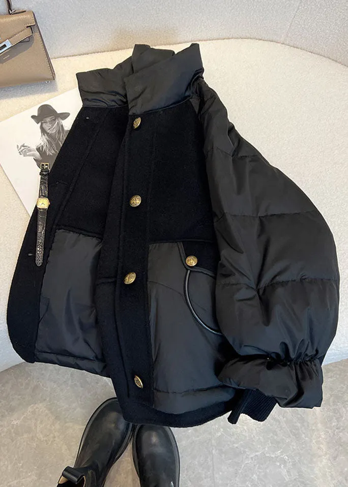 Chic Black Stand Collar Drawstring Zippered Fine Cotton Filled Puffer Jacket Winter ML2161