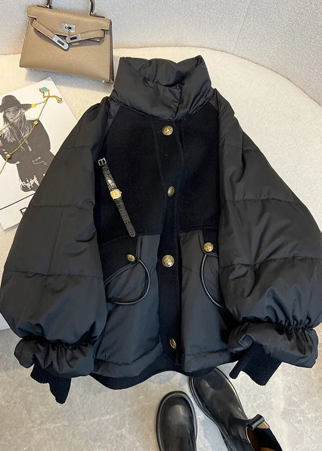 Chic Black Stand Collar Drawstring Zippered Fine Cotton Filled Puffer Jacket Winter ML2161
