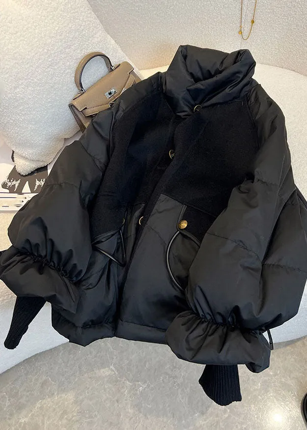 Chic Black Stand Collar Drawstring Zippered Fine Cotton Filled Puffer Jacket Winter ML2161