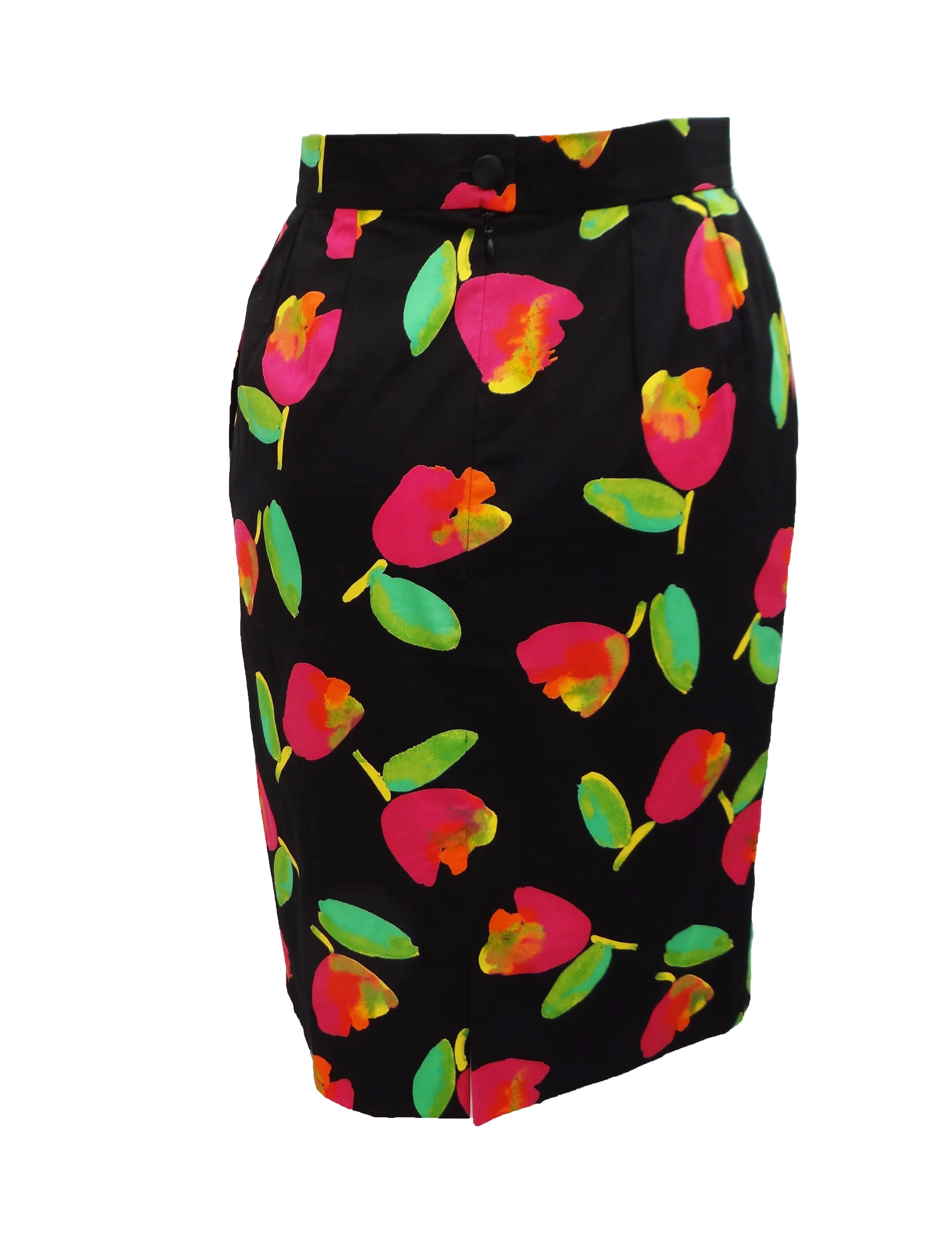Christian Dior Vintage Black Pencil Skirt with Floral Motif, UK10