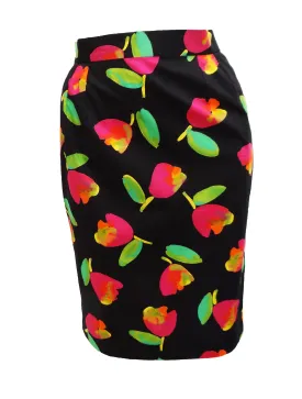 Christian Dior Vintage Black Pencil Skirt with Floral Motif, UK10