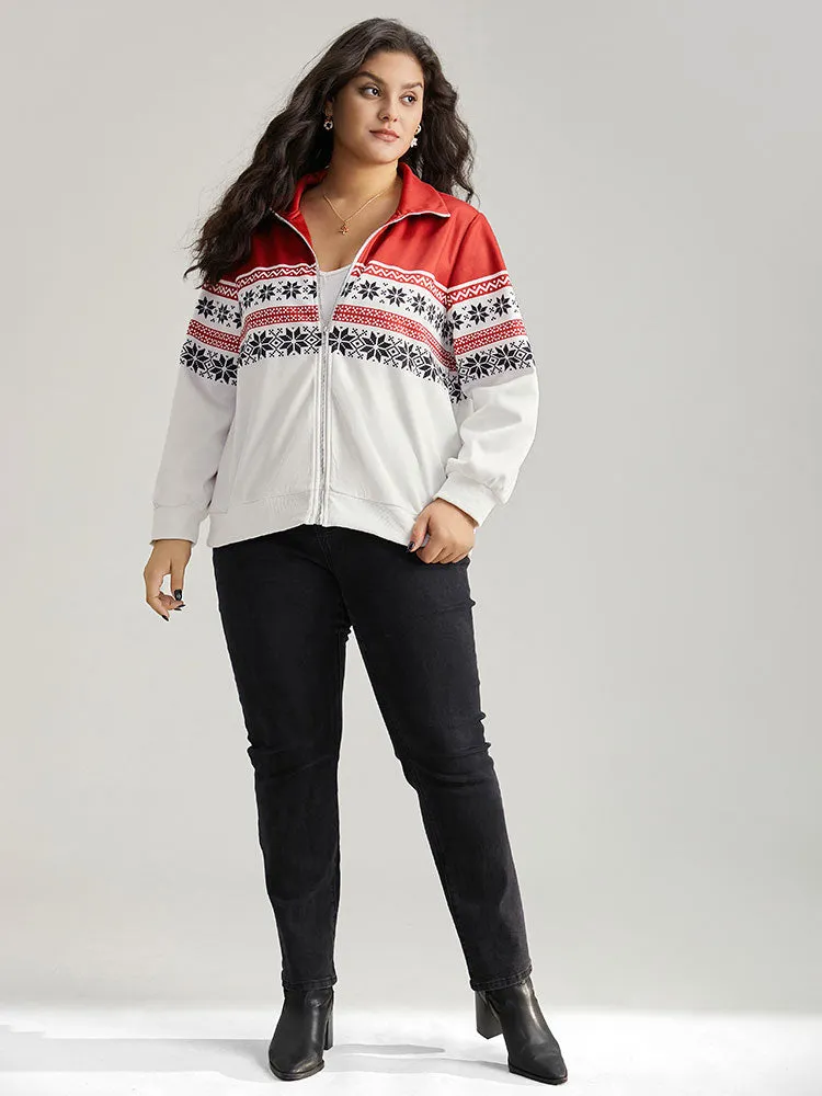 Christmas Snowflake Zipper Contrast Jacket