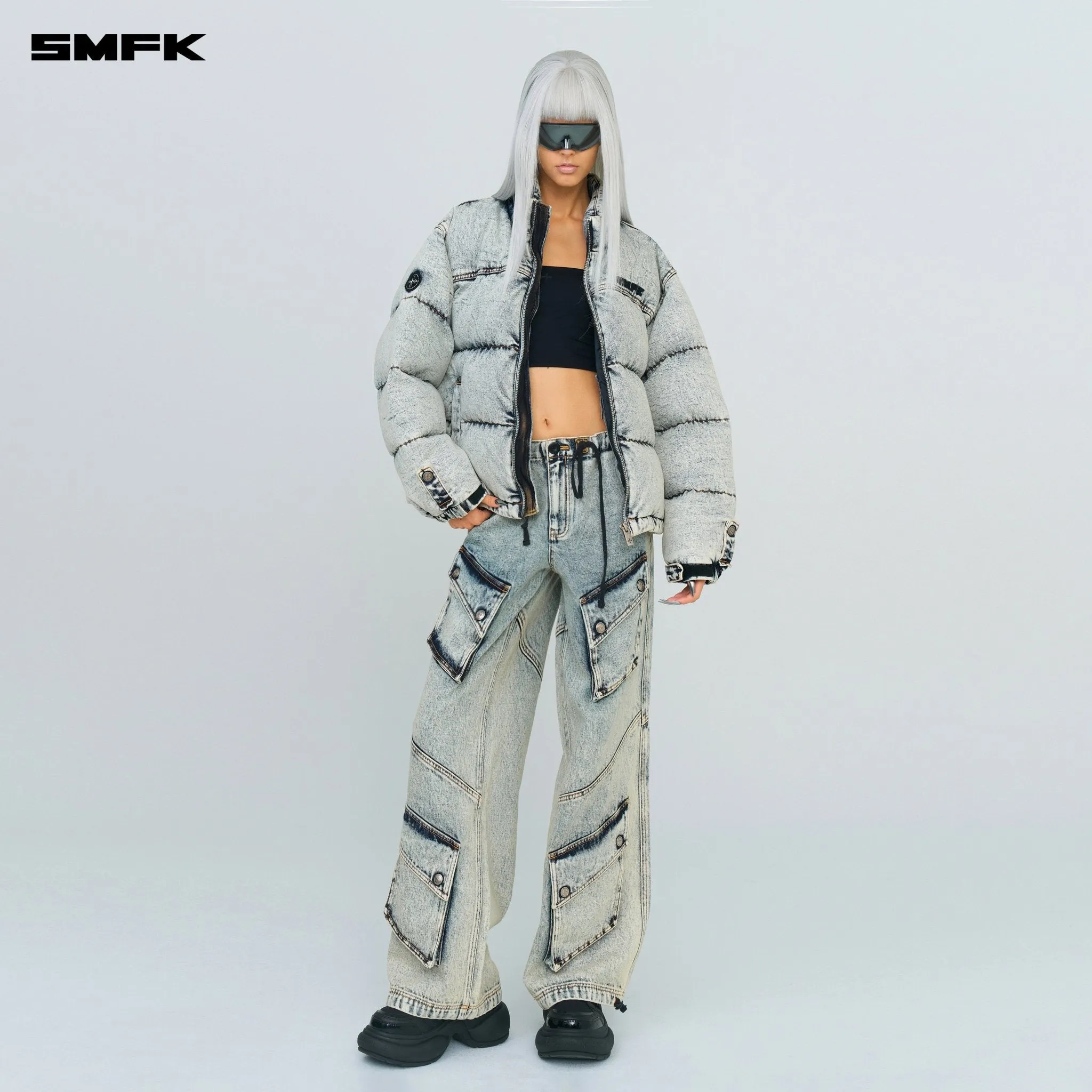 Compass Mustang Classic Denim Puffer Jacket In White