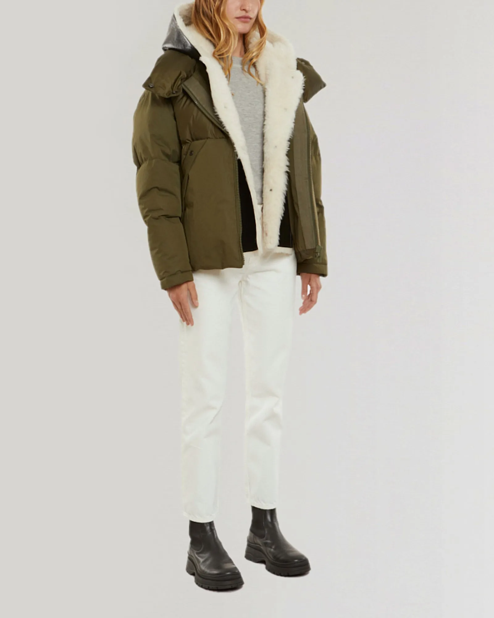 Convertible down jacket in cotton and shearling