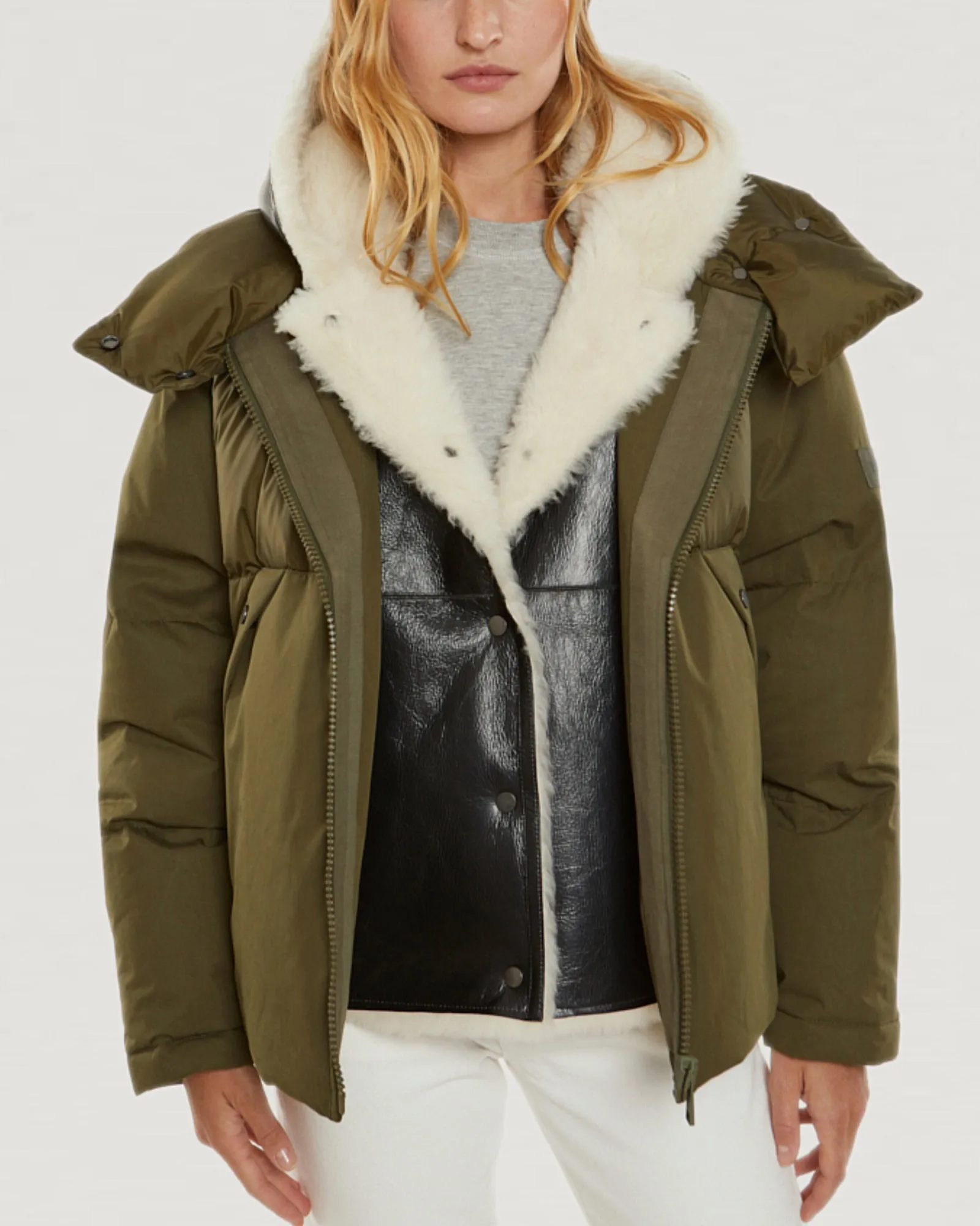 Convertible down jacket in cotton and shearling
