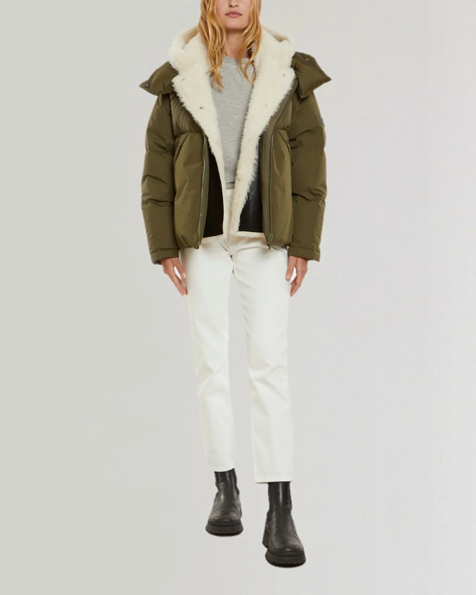 Convertible down jacket in cotton and shearling