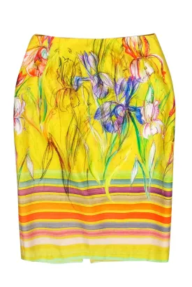 Daniela Corte - Yellow & Multicolor Abstract Floral Print & Striped Pencil Skirt Sz XS
