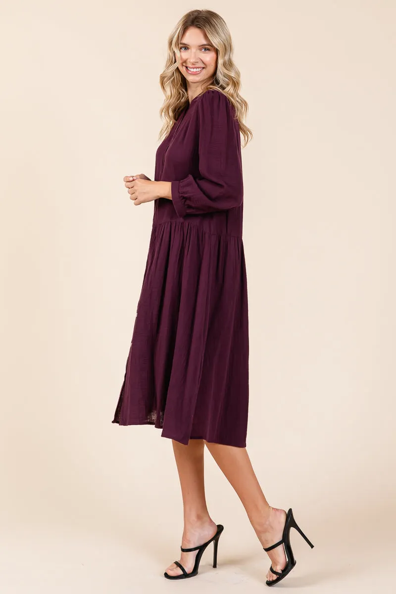 Dobule Gauze Tiered Long Sleeve Midi Shirtdress