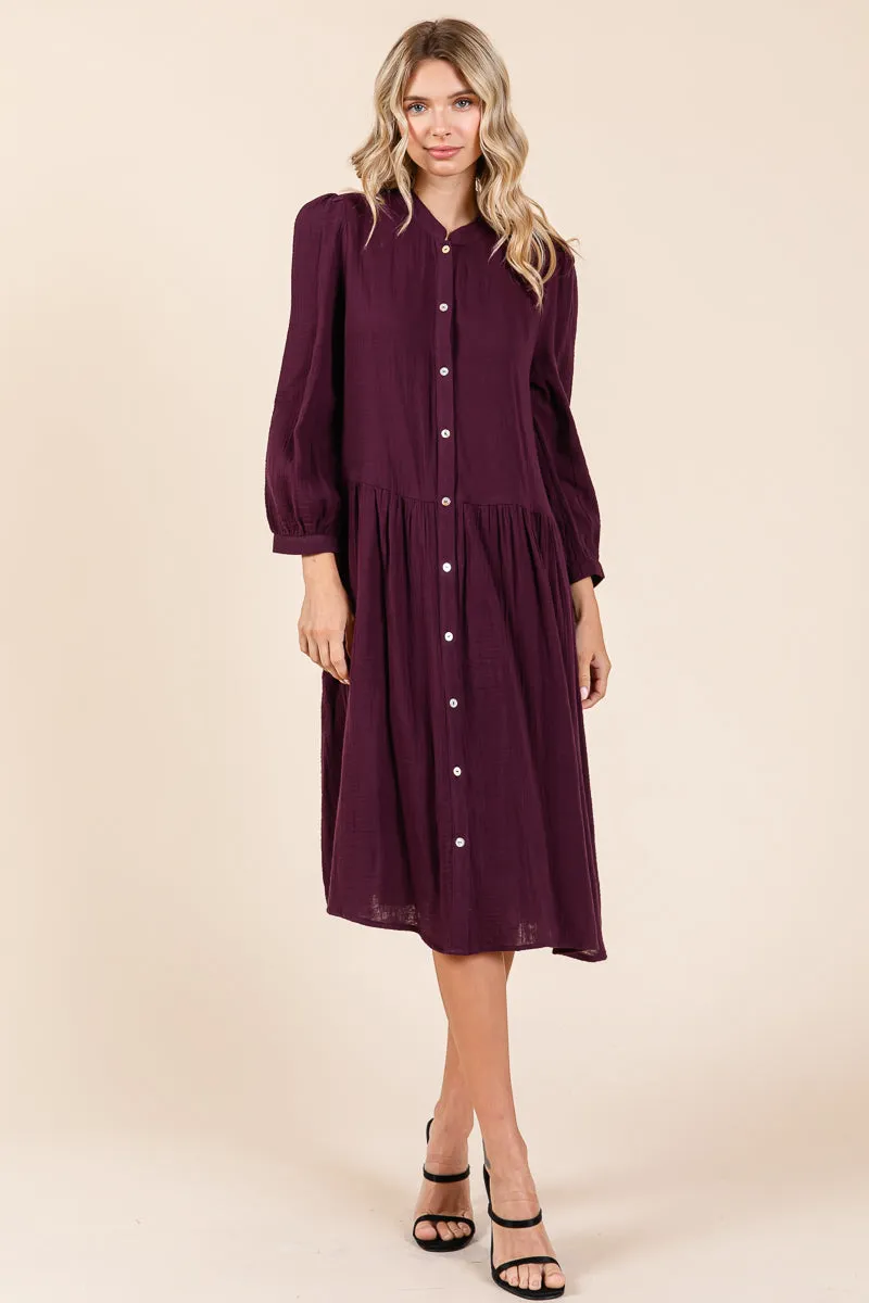 Dobule Gauze Tiered Long Sleeve Midi Shirtdress