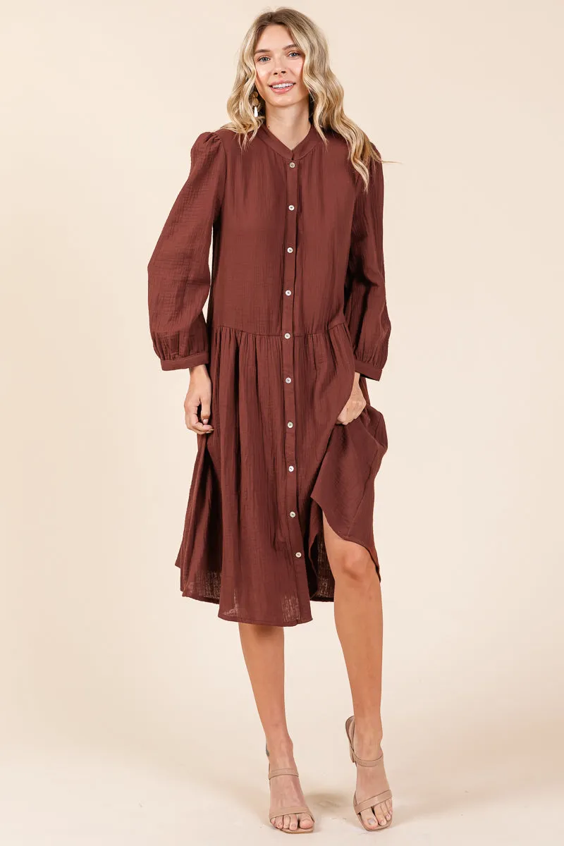 Dobule Gauze Tiered Long Sleeve Midi Shirtdress