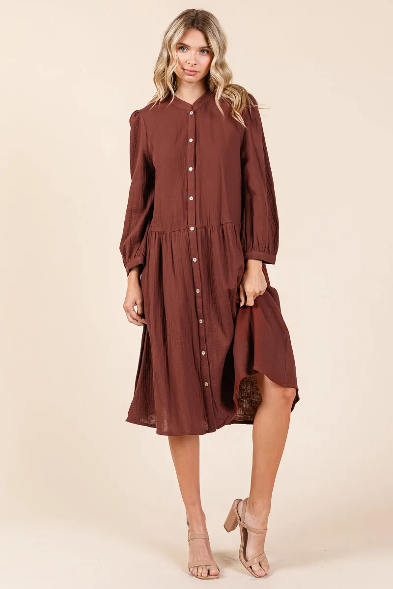 Dobule Gauze Tiered Long Sleeve Midi Shirtdress