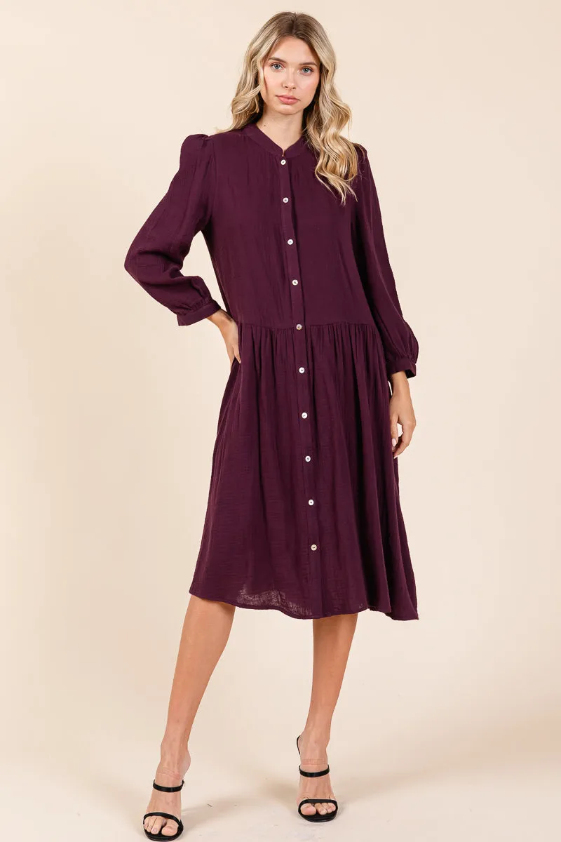 Dobule Gauze Tiered Long Sleeve Midi Shirtdress
