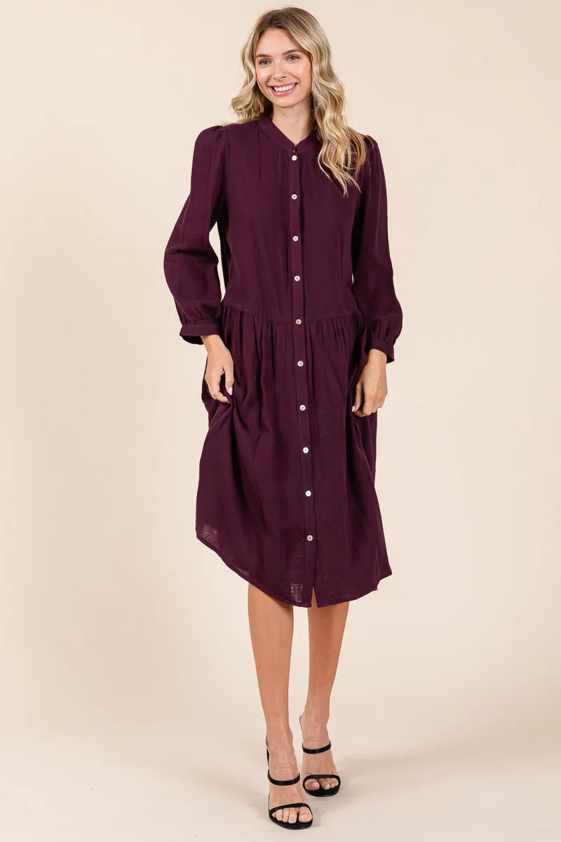 Dobule Gauze Tiered Long Sleeve Midi Shirtdress