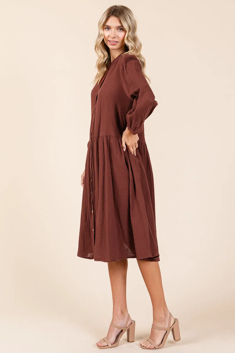 Dobule Gauze Tiered Long Sleeve Midi Shirtdress