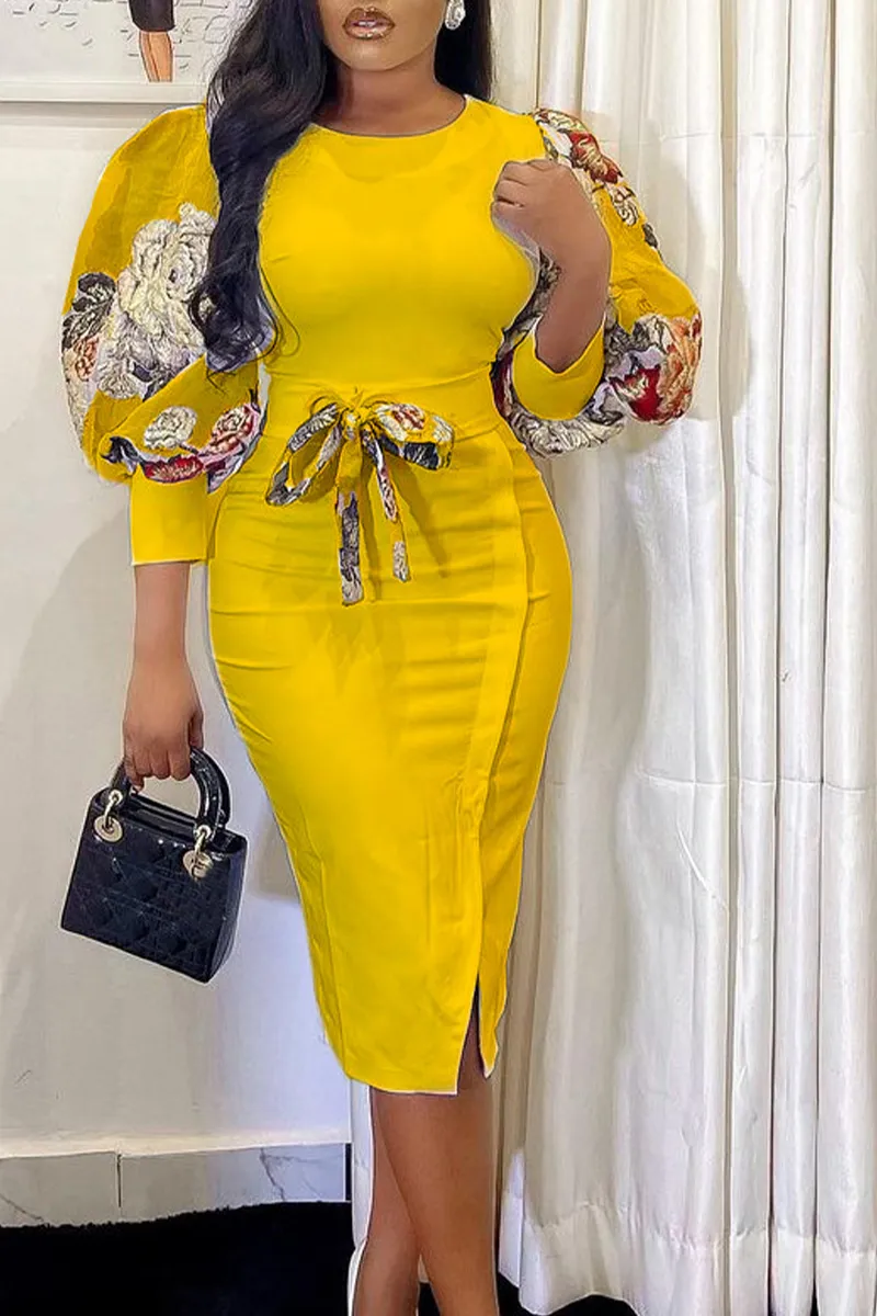 Fashion Print Patchwork O Neck Pencil Skirt Dresses