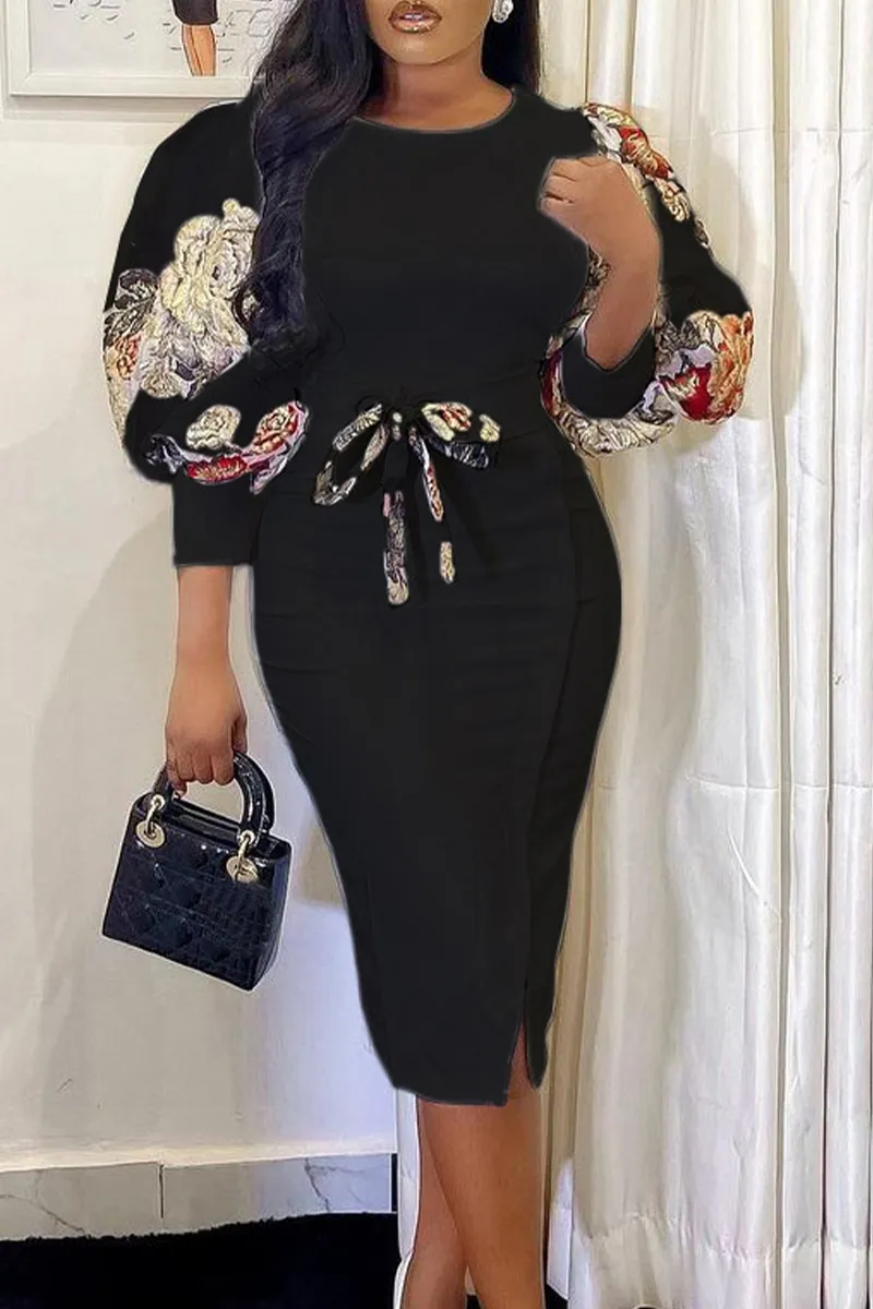 Fashion Print Patchwork O Neck Pencil Skirt Dresses