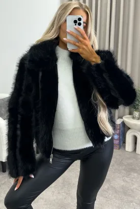 Gerta Black Faux Leather PU Faux Fur Zip Up Jacket