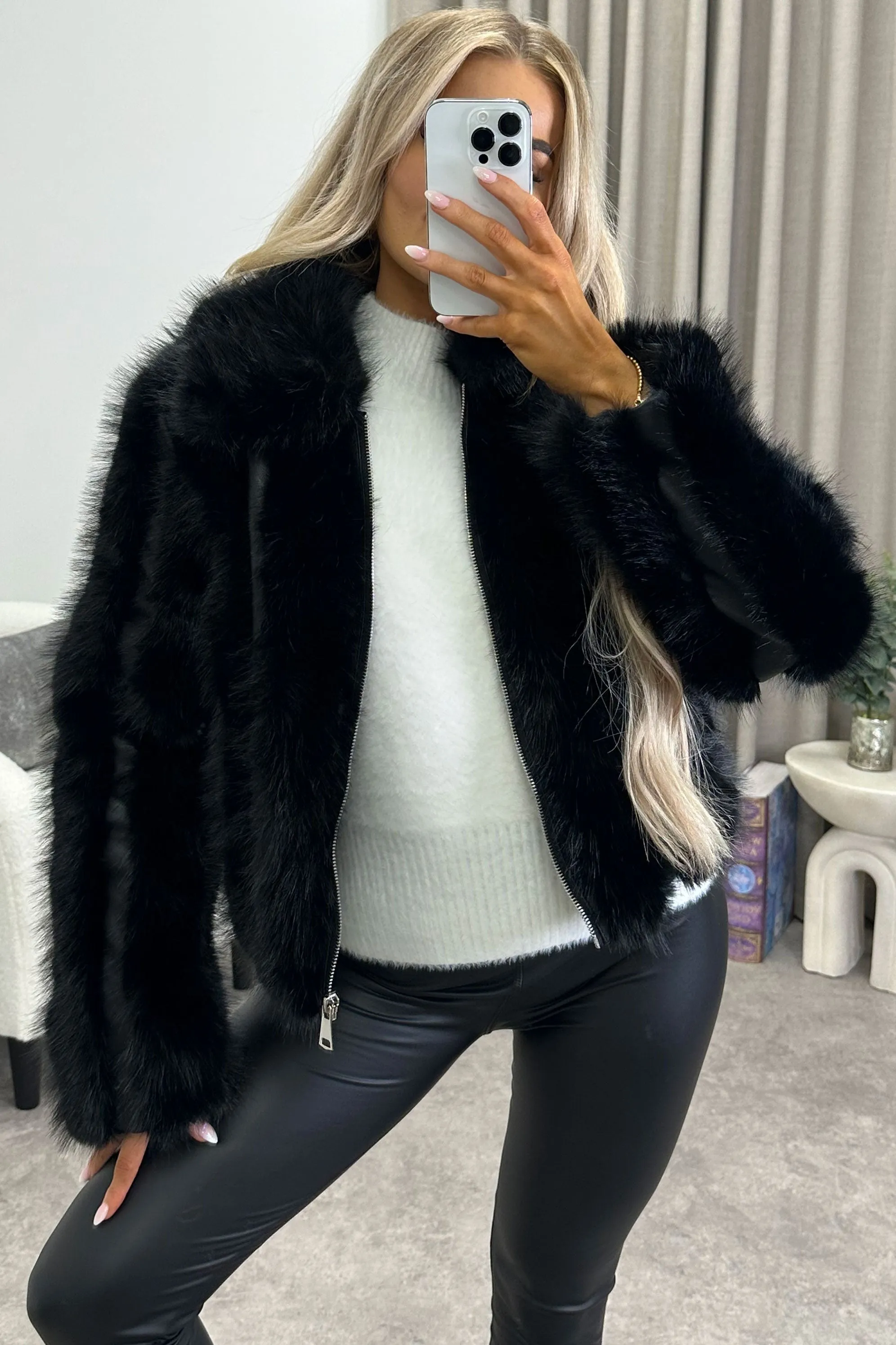 Gerta Black Faux Leather PU Faux Fur Zip Up Jacket