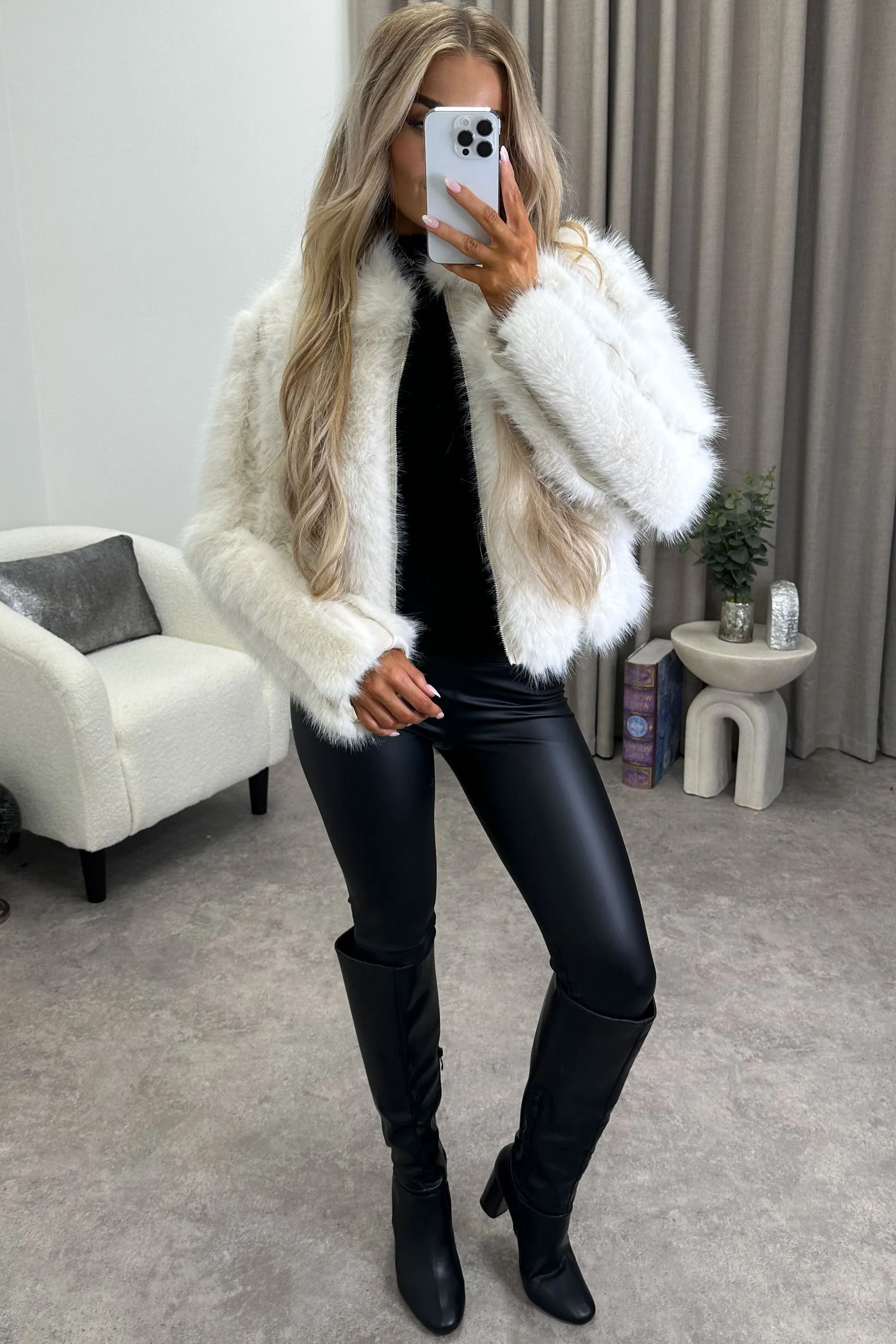 Gerta Cream Faux Leather PU Faux Fur Zip Up Jacket