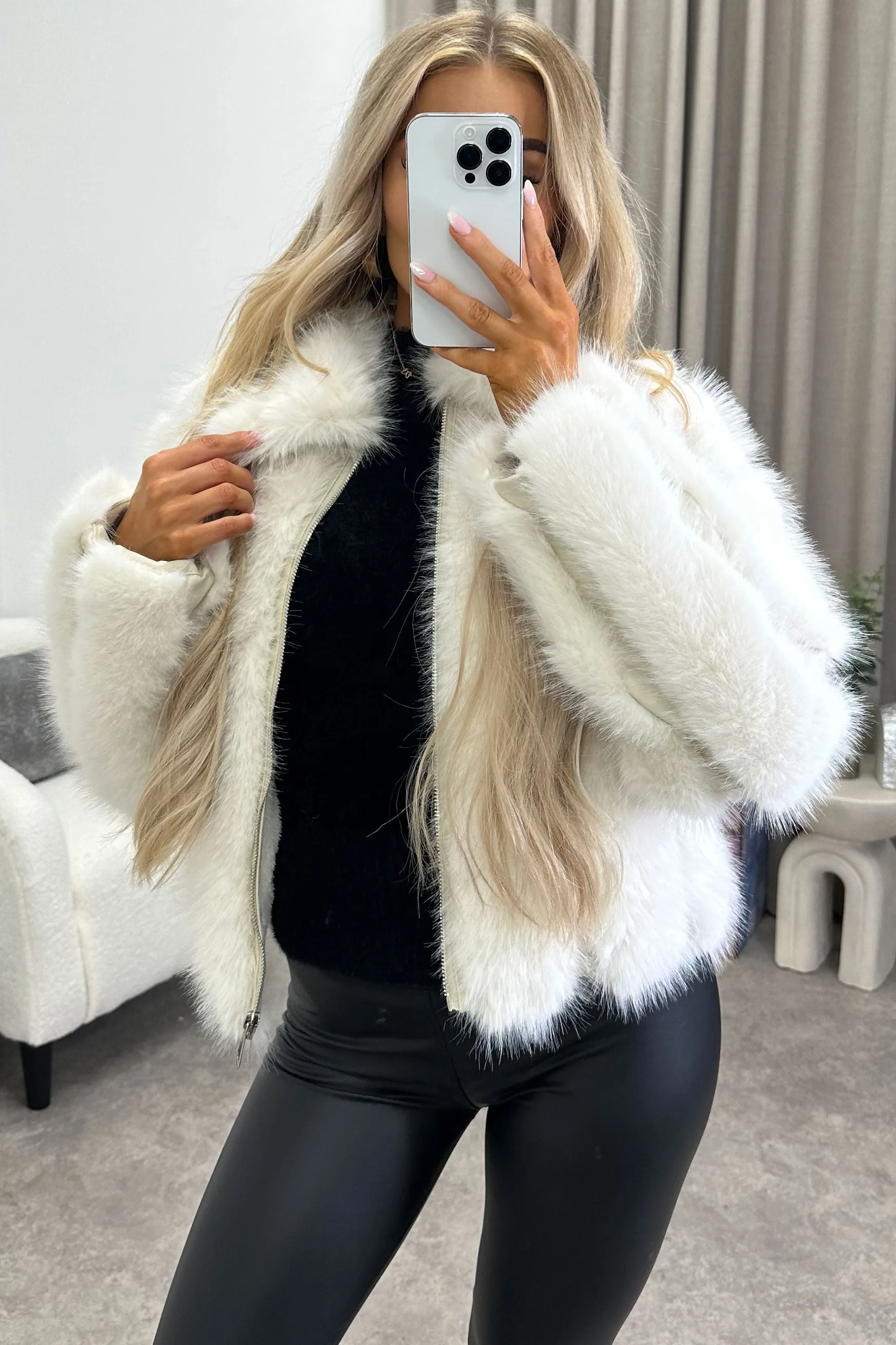 Gerta Cream Faux Leather PU Faux Fur Zip Up Jacket