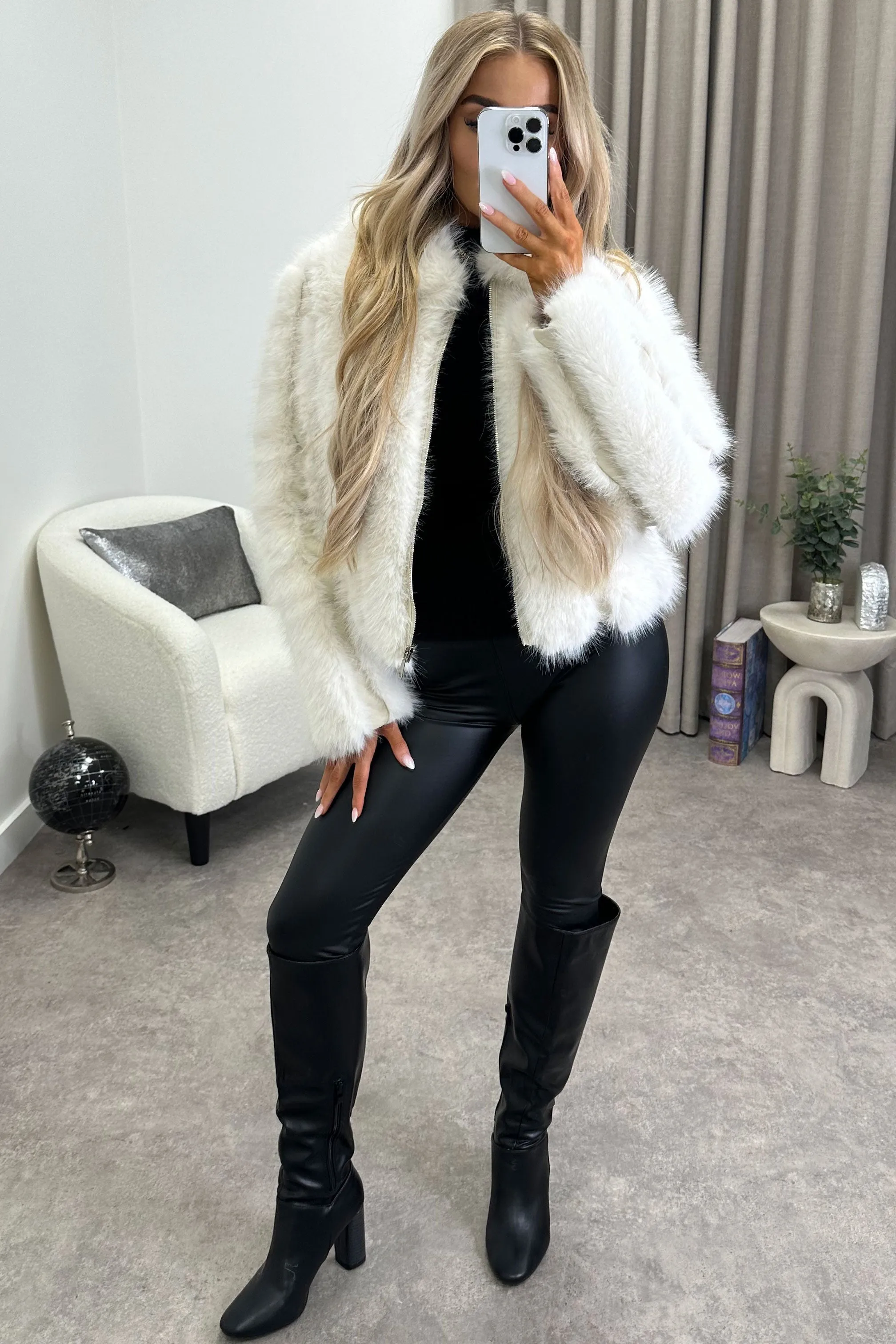 Gerta Cream Faux Leather PU Faux Fur Zip Up Jacket
