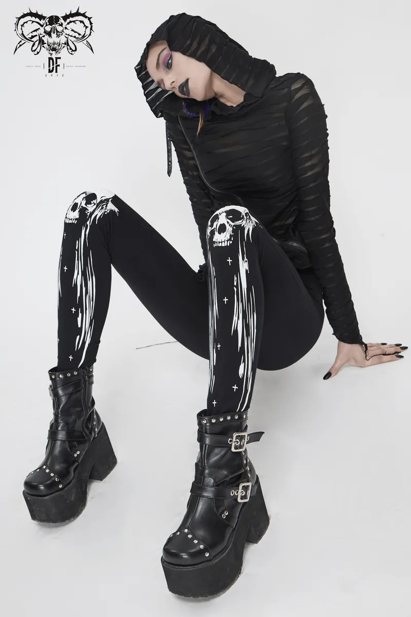 Gothic Punk Black Skull Leggings for Women / Female Clothing in Alternative Style