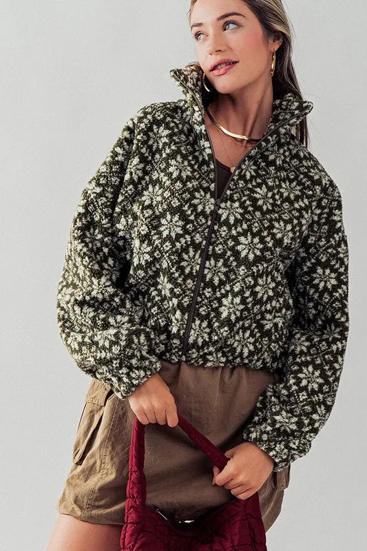 Green Sherpa Fleece Snow Flake Pattern Jacket