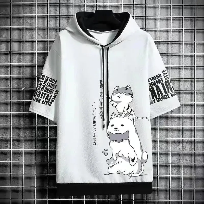 Harajuku Cat Short Sleeve Hoodie