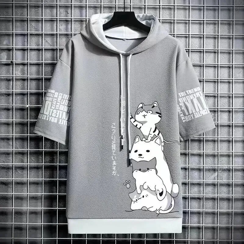 Harajuku Cat Short Sleeve Hoodie