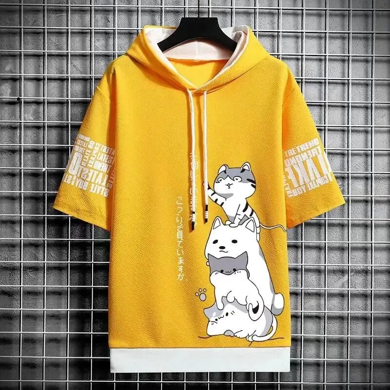 Harajuku Cat Short Sleeve Hoodie