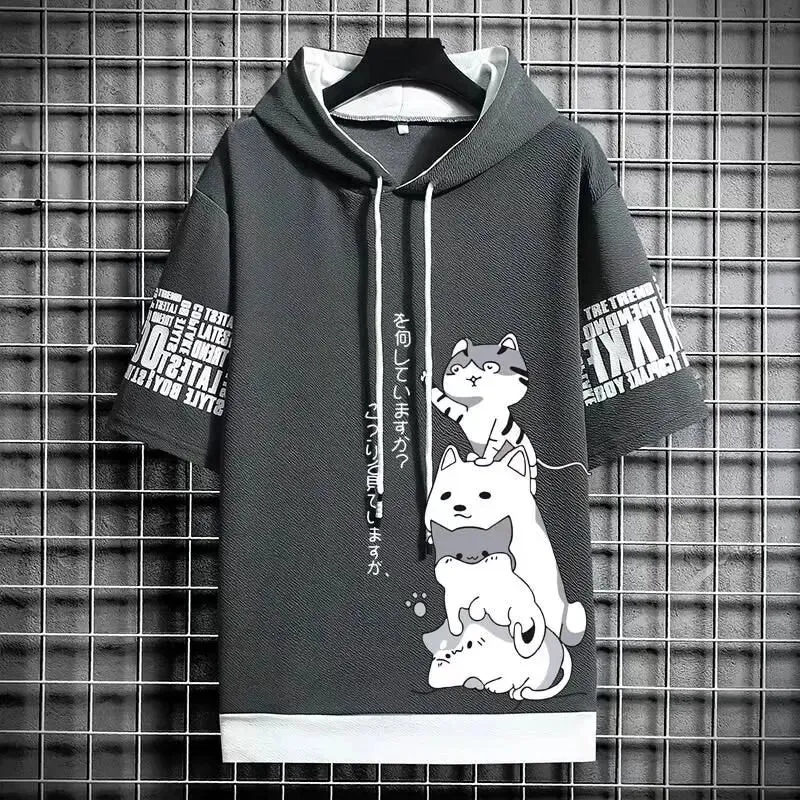 Harajuku Cat Short Sleeve Hoodie