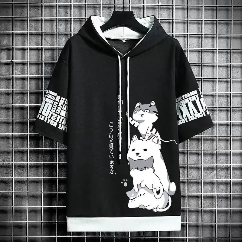Harajuku Cat Short Sleeve Hoodie
