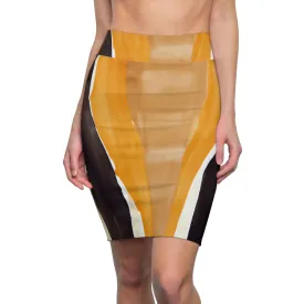 High Waist Womens Pencil Skirt - Contour Stretch - Golden Yellow Brown Abstract Pattern