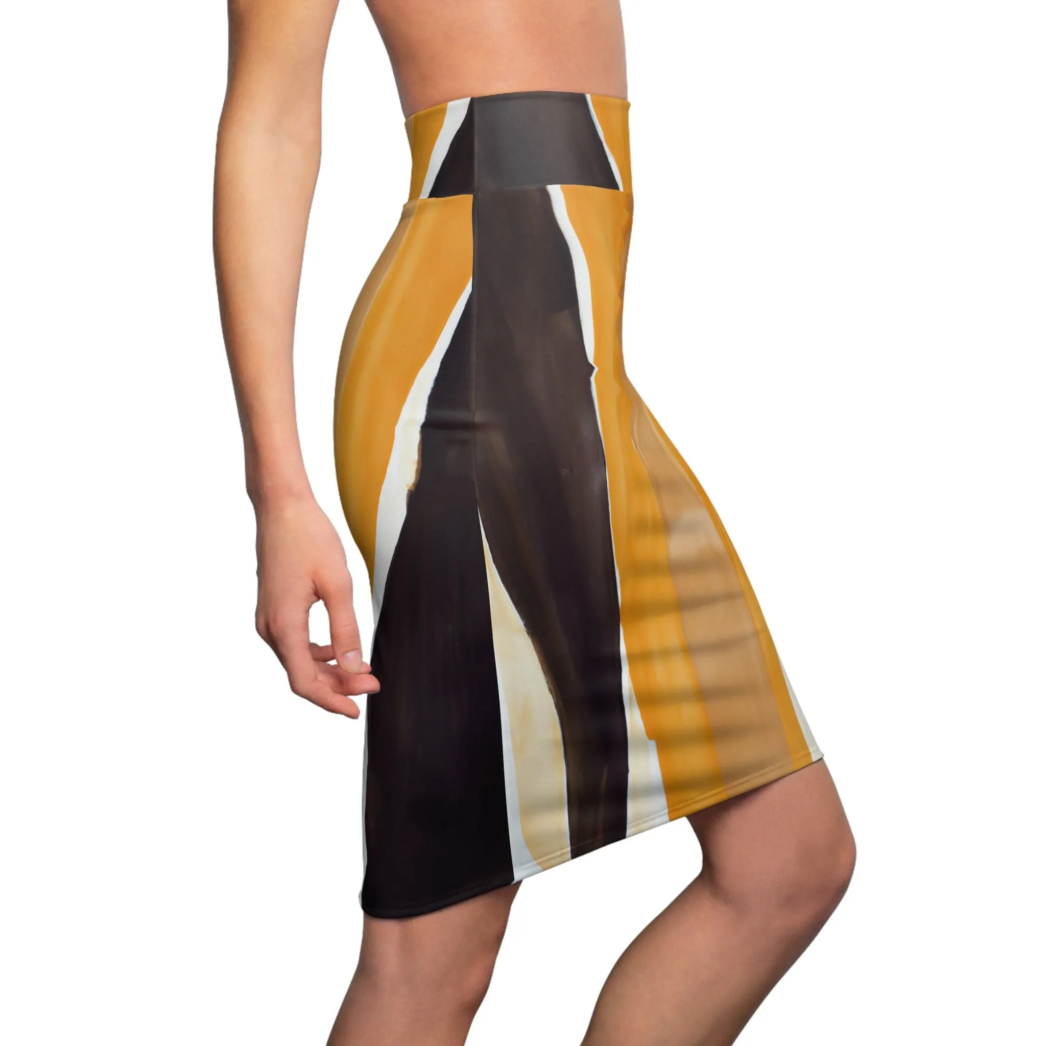 High Waist Womens Pencil Skirt - Contour Stretch - Golden Yellow Brown Abstract Pattern