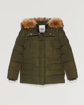 Hooded down jacket with marmot fur