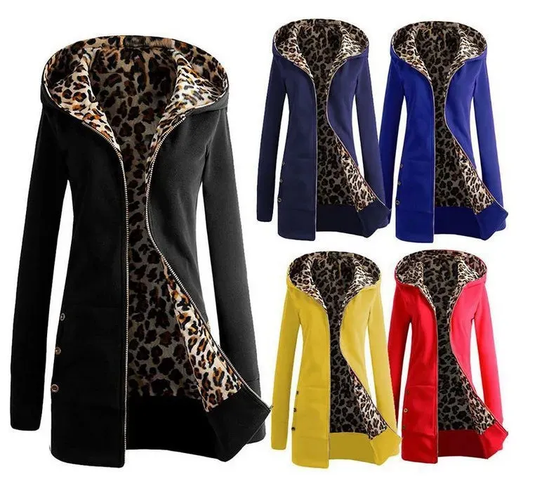 Hooded Thickening Leopard Print Sweater Plush Coat Female