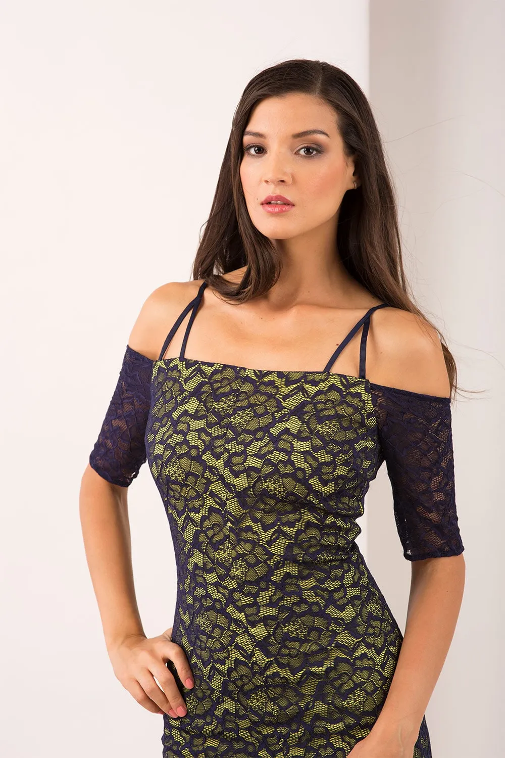 HYBRID ISLA CREPE BARDOT LACE DRESS