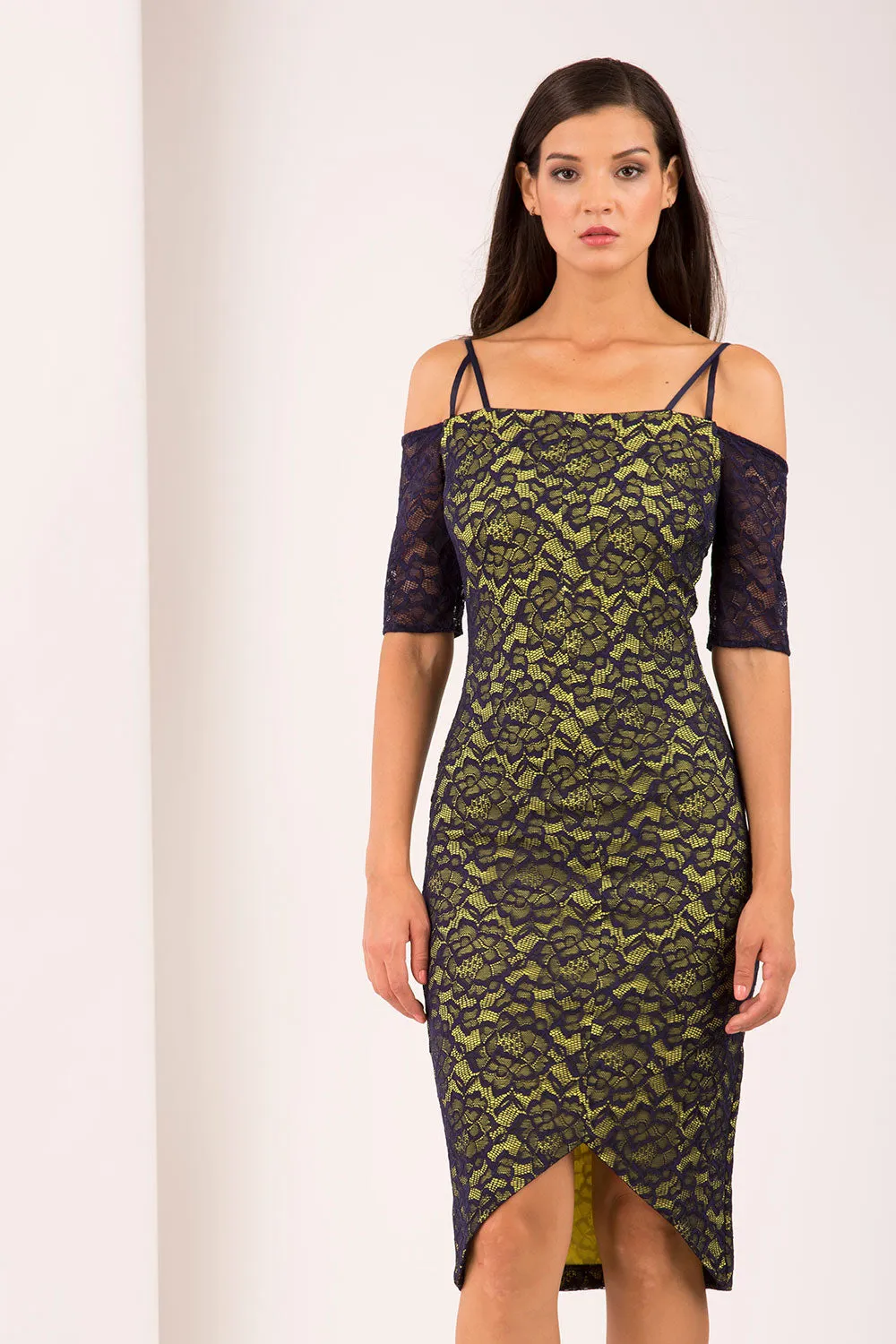 HYBRID ISLA CREPE BARDOT LACE DRESS