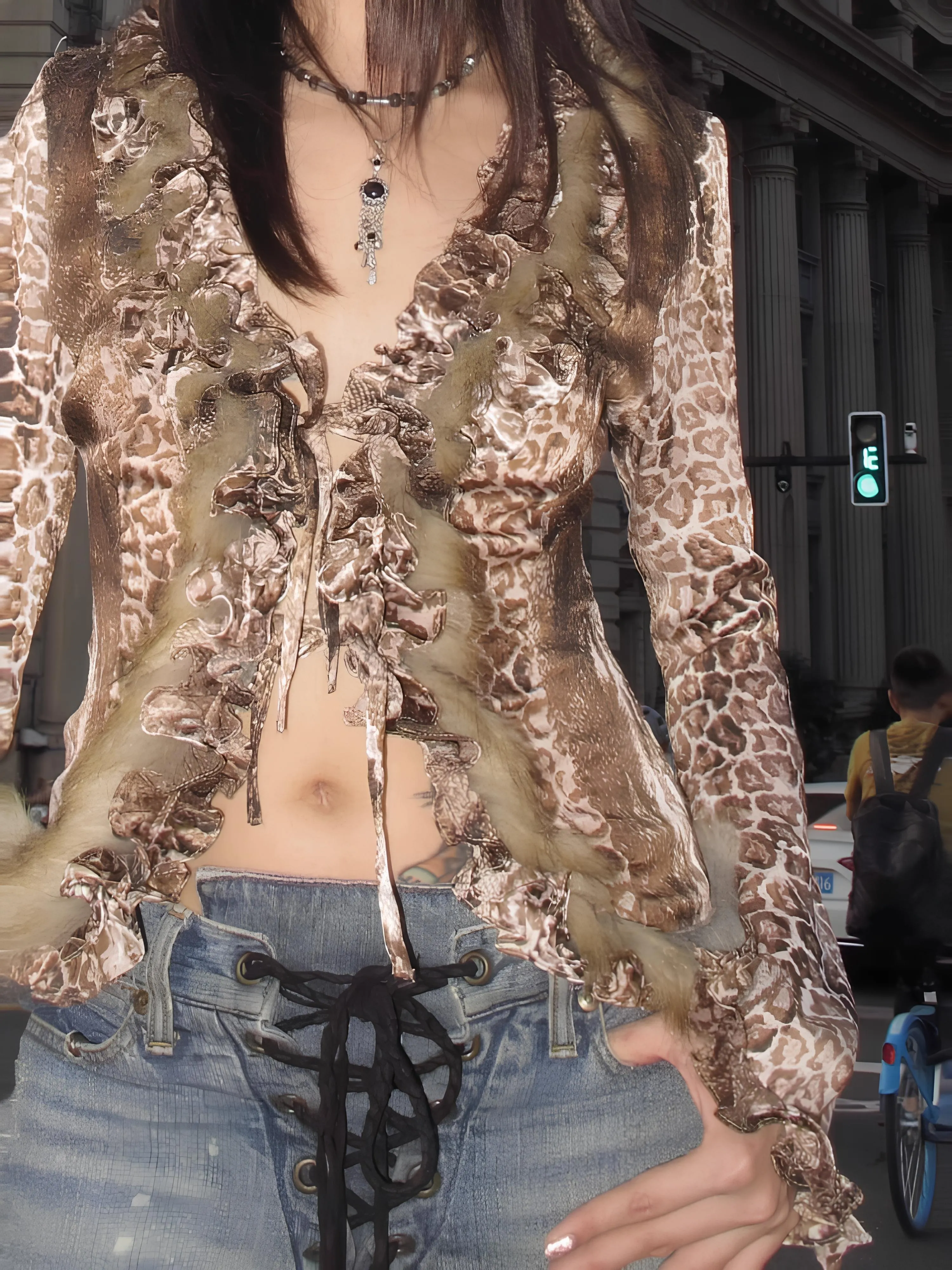 Japanese Y2K Leopard Print Fur Shirt – Vintage Harajuku Grunge Aesthetic
